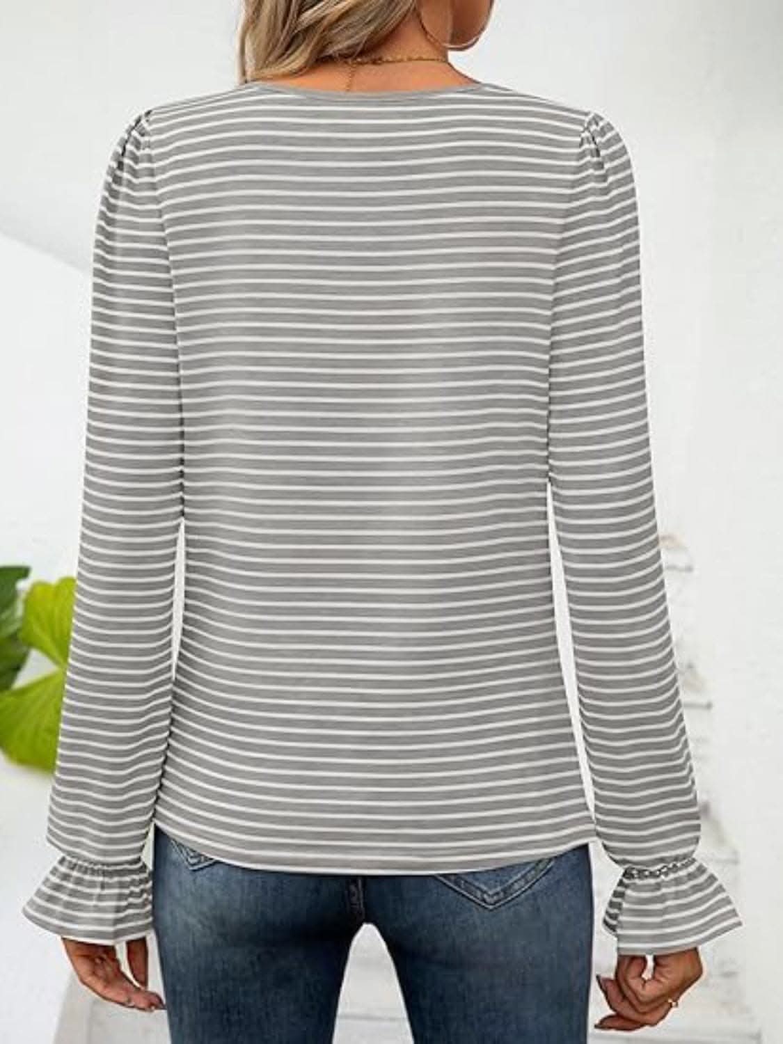 Chic striped flounce sleeve top - Love Salve